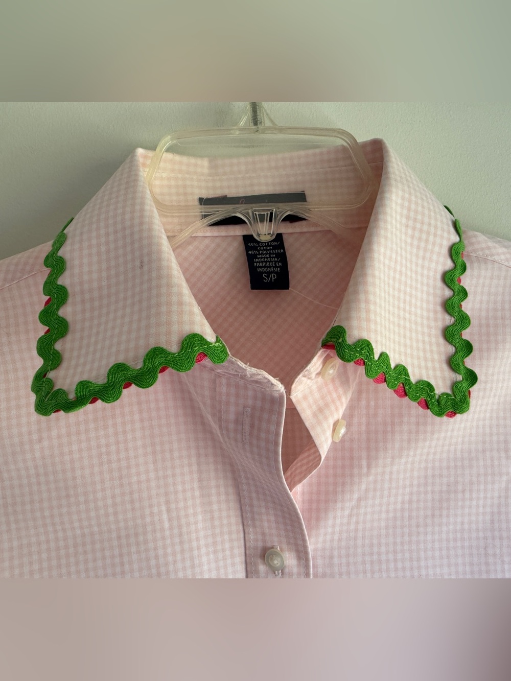 NWOT PearlyVine Ballet Pink Gingham RicRac Button Down LS Shirt, S, MSRP $139 - Picture 6 of 13